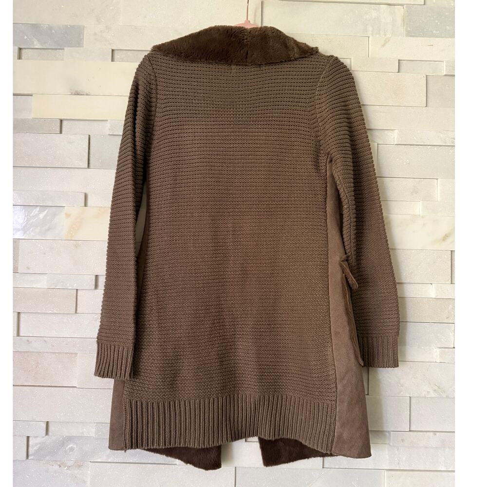 ANTHROPOLOGIE Piper Open Front Faux Fur Trim Ribbed Sweater Coat Pocket XS Brown - Picture 3 of 6